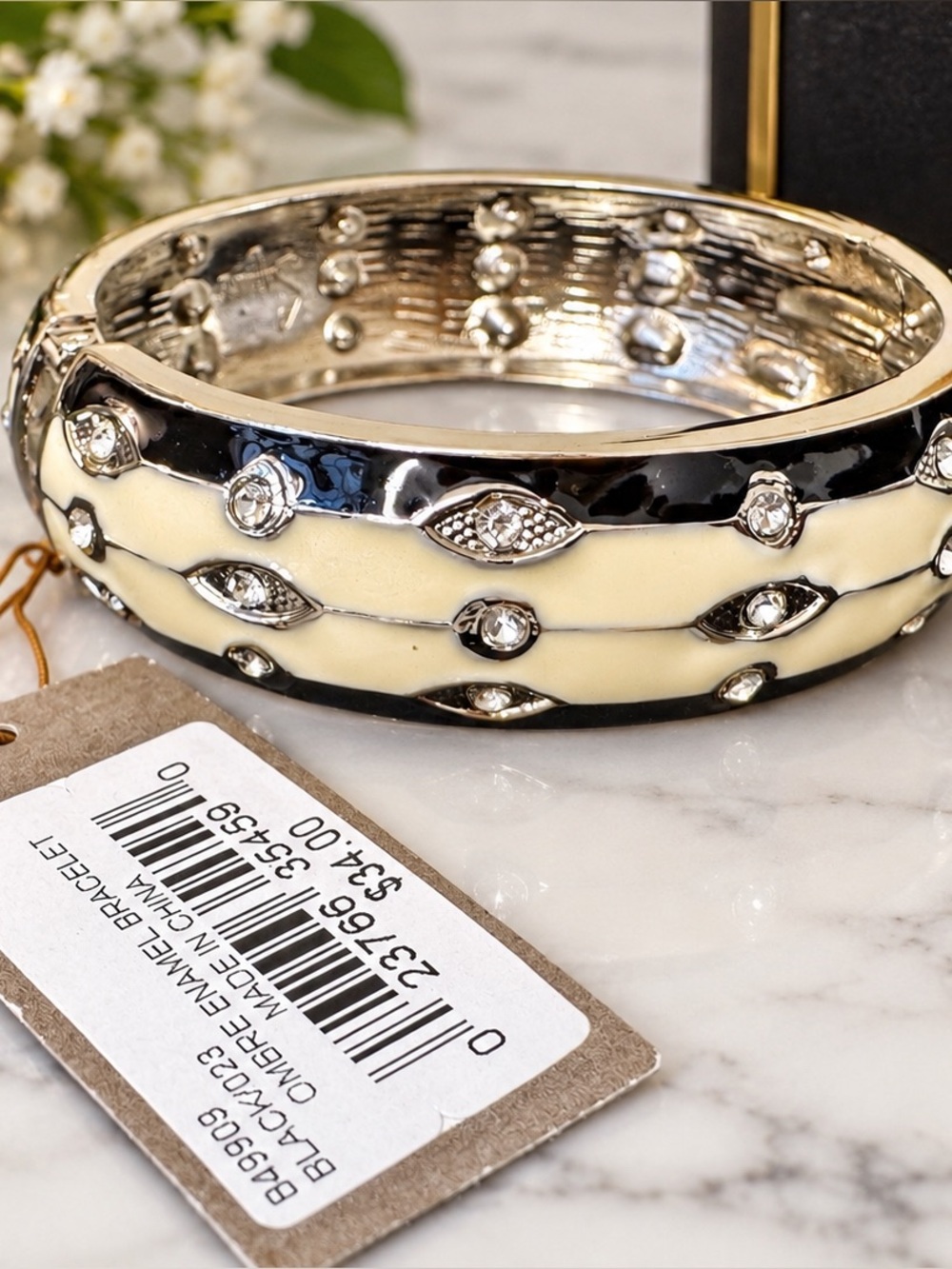 Tommy Bahama Black and Ivory Enamel Crystal-Stud Bangle Bracelet